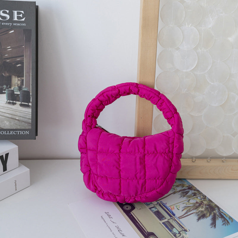 Elegant Purple Quilted Circle Phone Purse, Fashion Mini Puffer Tote Bag & Padded Key Pouch in Soft Nylon