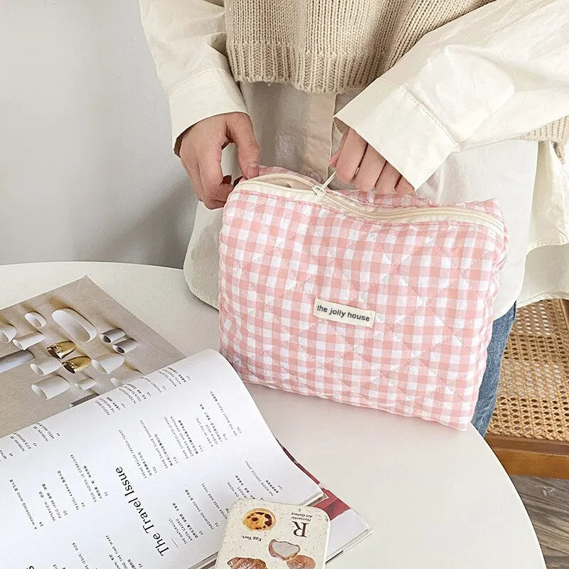 Large Capacity Plaid Cosmetic Pouch Womens Travel Storage Bag Pink Canvas Clutch For Casual Use Org 1