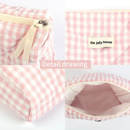 Large Capacity Plaid Cosmetic Pouch Womens Travel Storage Bag Pink Canvas Clutch For Casual Use Org 3