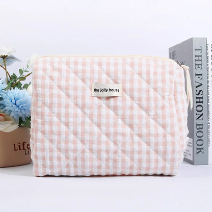 Large Capacity Plaid Cosmetic Pouch Womens Travel Storage Bag Pink Canvas Clutch For Casual Use Org 5