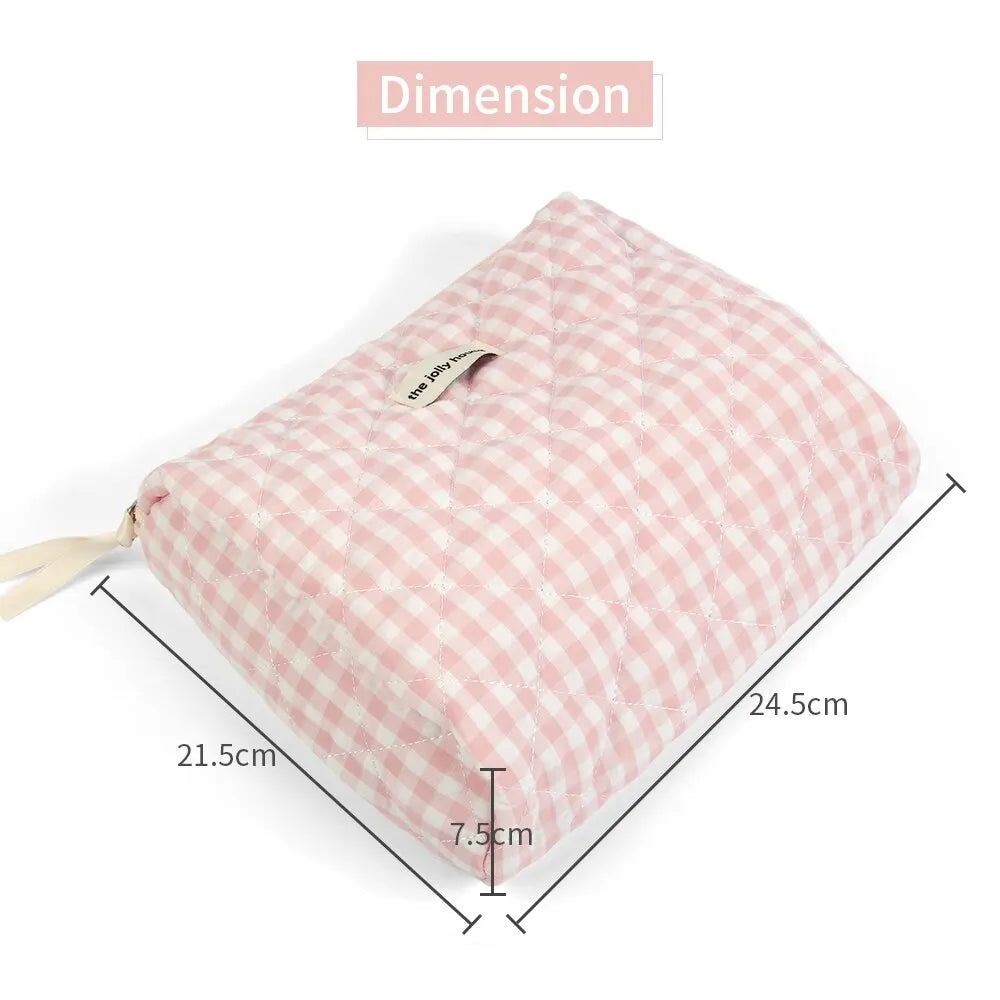 Large Capacity Plaid Cosmetic Pouch Womens Travel Storage Bag Pink Canvas Clutch For Casual Use Org 4