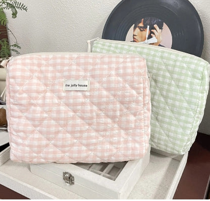 Large Capacity Plaid Cosmetic Pouch Womens Travel Storage Bag Pink Canvas Clutch For Casual Use Org 6