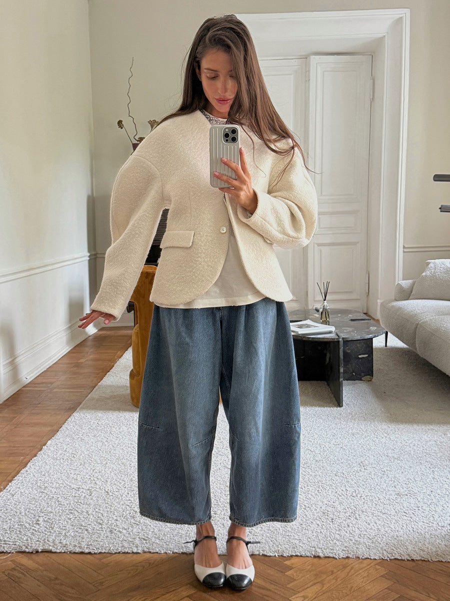 Elegant Plush V Neck Short White Coat Women Retro Casual Single Breasted Tweed Coats Female Autumn Chic Street Outwear