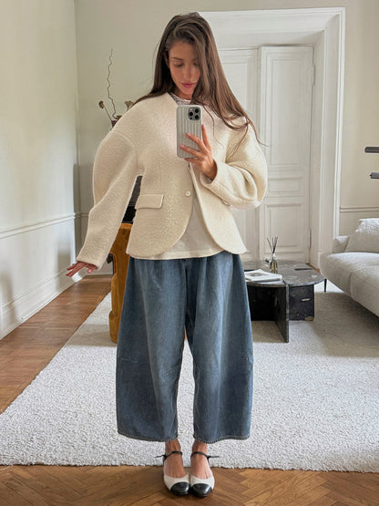 Elegant Plush V Neck Short White Coat Women Retro Casual Single Breasted Tweed Coats Female Autumn Chic Street Outwear