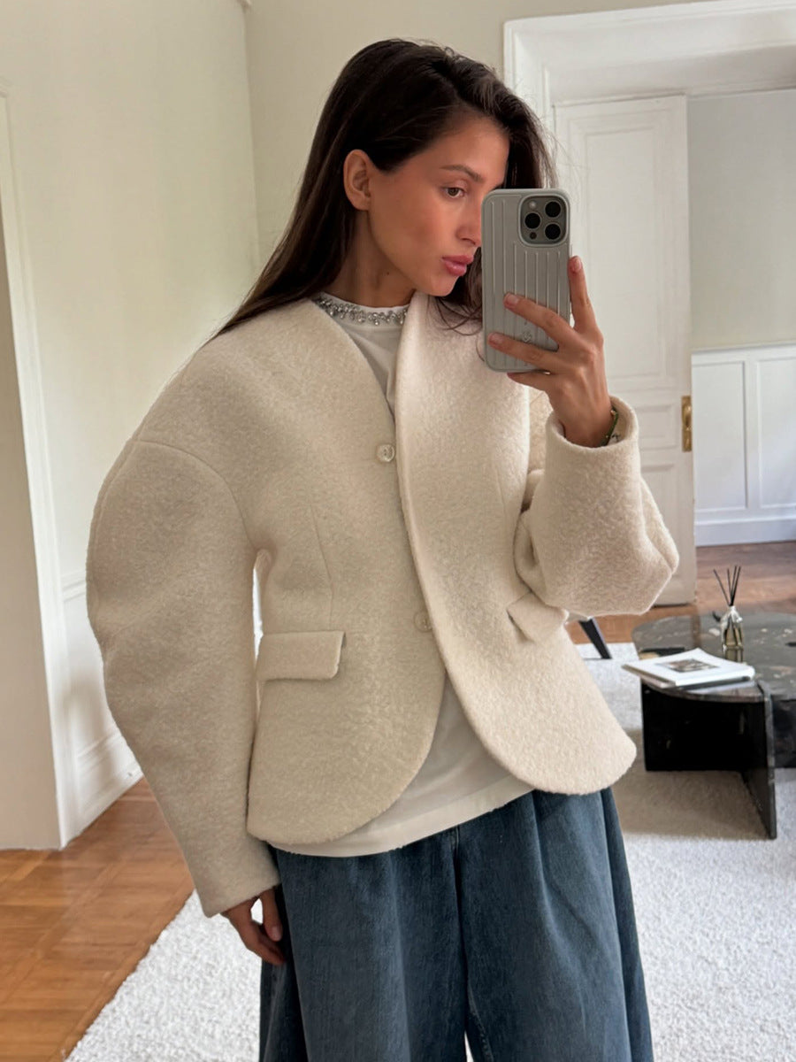 Elegant Plush V Neck Short White Coat Women Retro Casual Single Breasted Tweed Coats Female Autumn  1