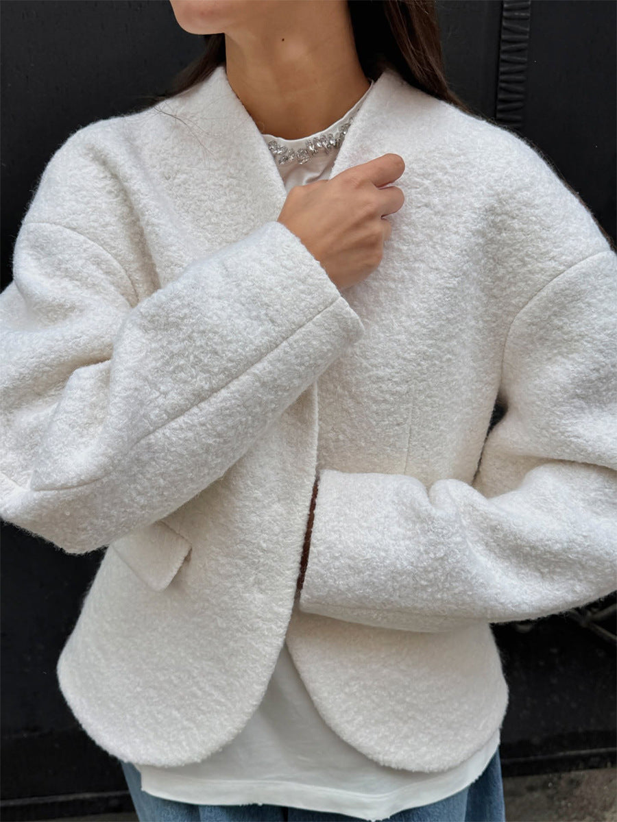 Elegant Plush V Neck Short White Coat Women Retro Casual Single Breasted Tweed Coats Female Autumn  3