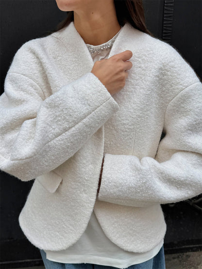 Elegant Plush V Neck Short White Coat Women Retro Casual Single Breasted Tweed Coats Female Autumn  3
