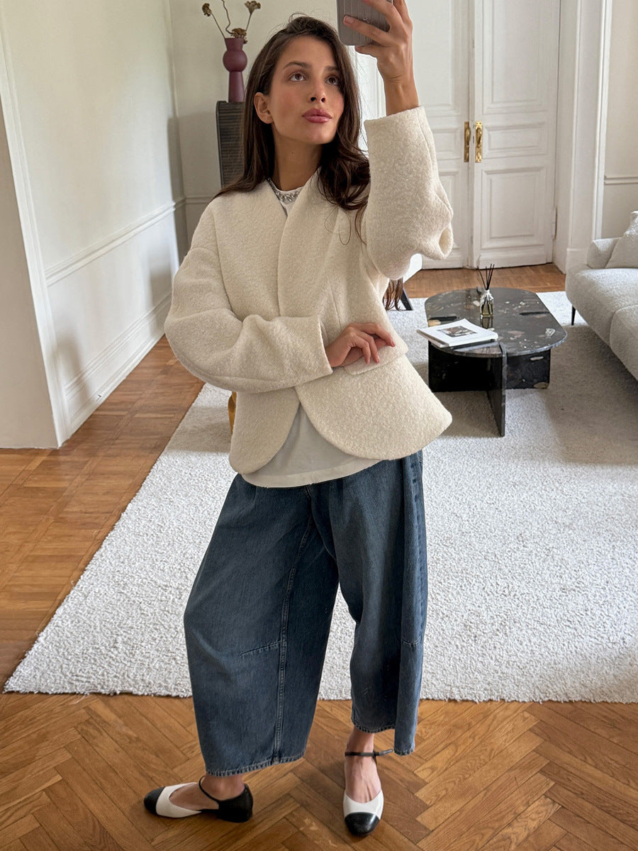 Elegant Plush V Neck Short White Coat Women Retro Casual Single Breasted Tweed Coats Female Autumn  4