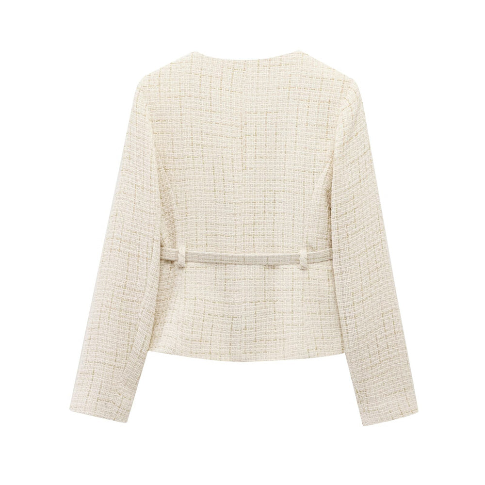 Women Beige Tweed Jacket with Gold Buttons Belt Long Sleeves Front Pockets Stylish Fall Winter Layered Outerwear