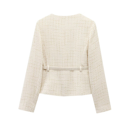Women Beige Tweed Jacket with Gold Buttons Belt Long Sleeves Front Pockets Stylish Fall Winter Layered Outerwear