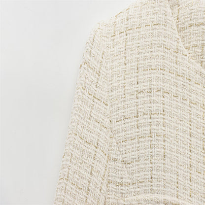 Women Beige Tweed Jacket with Gold Buttons Belt Long Sleeves Front Pockets Stylish Fall Winter Layered Outerwear