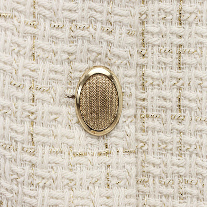 Women Beige Tweed Jacket with Gold Buttons Belt Long Sleeves Front Pockets Stylish Fall Winter Layered Outerwear