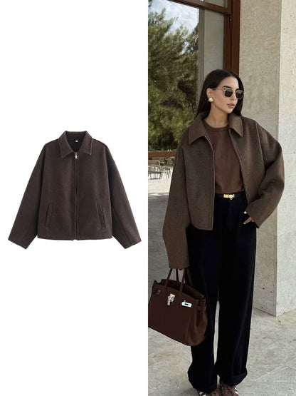 Wide Solid Colour Zip Tweed Jacket for Women, Fashion Commuter Lapel Long Sleeve Coat, Basic New Women Tops