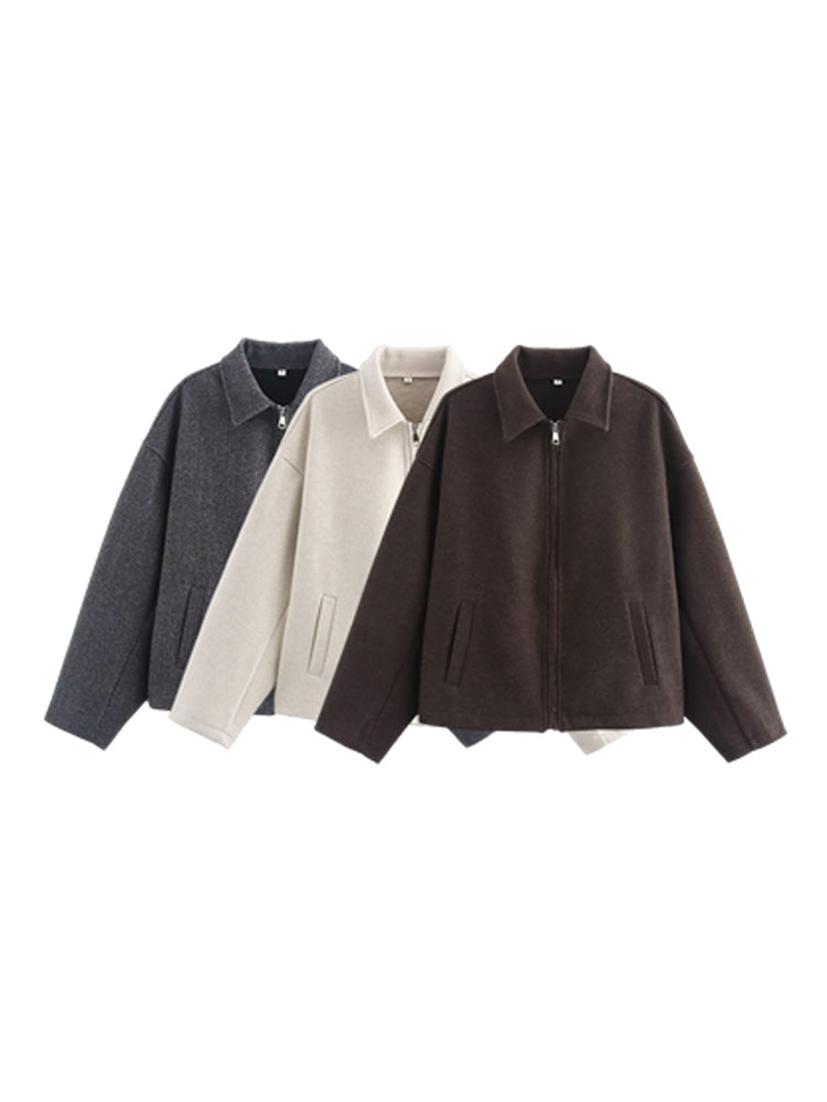 Wide Solid Colour Zip Tweed Jacket for Women, Fashion Commuter Lapel Long Sleeve Coat, Basic New Women Tops