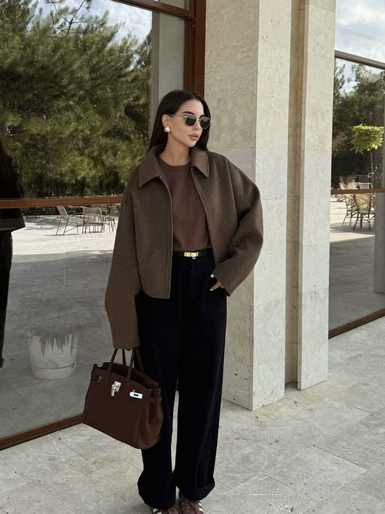 Wide Solid Colour Zip Tweed Jacket for Women, Fashion Commuter Lapel Long Sleeve Coat, Basic New Women Tops