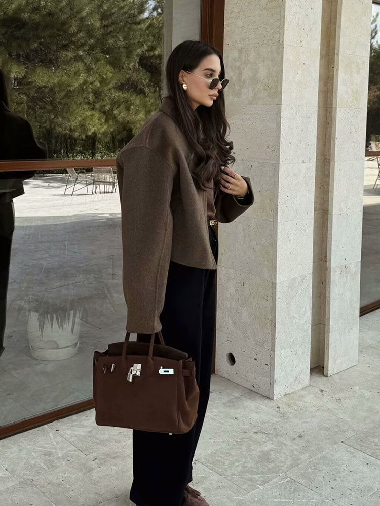 Wide Solid Colour Zip Tweed Jacket for Women, Fashion Commuter Lapel Long Sleeve Coat, Basic New Women Tops