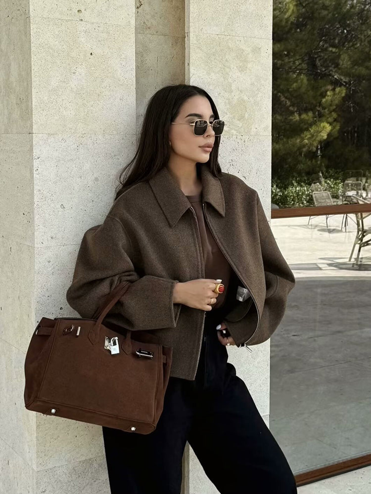Wide Solid Colour Zip Tweed Jacket for Women, Fashion Commuter Lapel Long Sleeve Coat, Basic New Women Tops