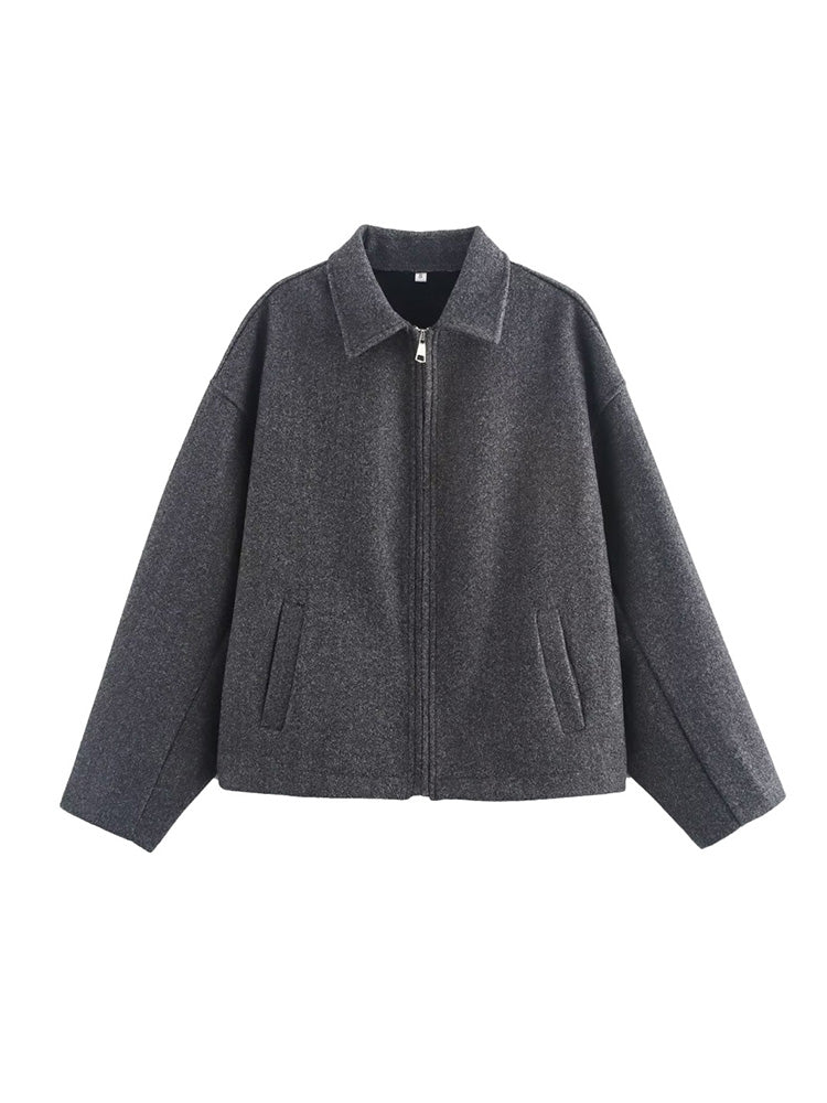 Wide Solid Colour Zip Tweed Jacket for Women, Fashion Commuter Lapel Long Sleeve Coat, Basic New Women Tops