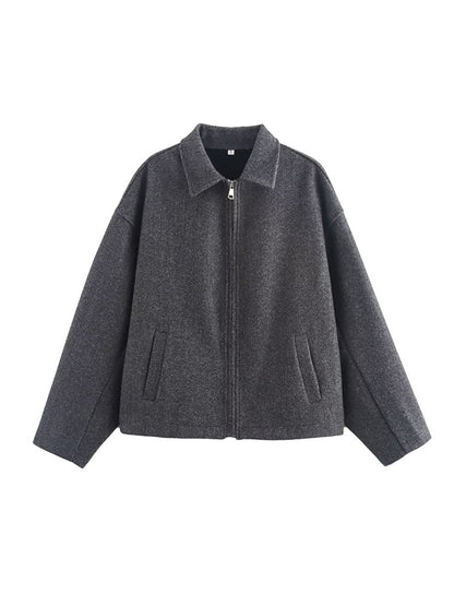 Wide Solid Colour Zip Tweed Jacket for Women, Fashion Commuter Lapel Long Sleeve Coat, Basic New Women Tops
