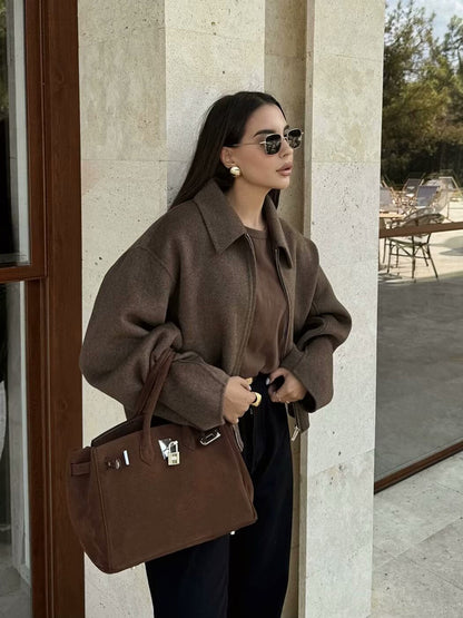 Wide Solid Colour Zip Tweed Jacket for Women, Fashion Commuter Lapel Long Sleeve Coat, Basic New Women Tops