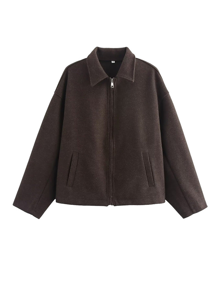 Wide Solid Colour Zip Tweed Jacket for Women, Fashion Commuter Lapel Long Sleeve Coat, Basic New Women Tops
