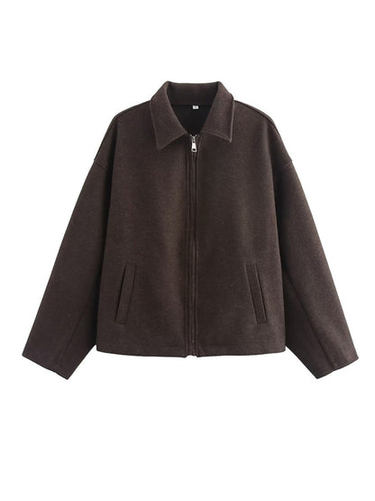 Wide Solid Colour Zip Tweed Jacket for Women, Fashion Commuter Lapel Long Sleeve Coat, Basic New Women Tops