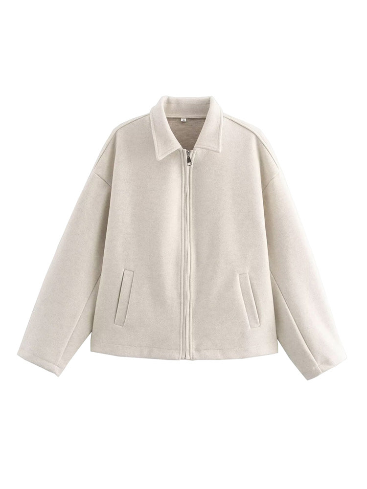 Wide Solid Colour Zip Tweed Jacket for Women, Fashion Commuter Lapel Long Sleeve Coat, Basic New Women Tops