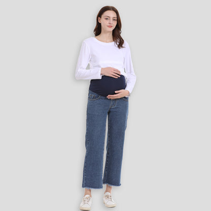 Maternity Pants for Pregnant Women with Adjustable Waist Band, Pregnancy Jean Trousers, Loose Straight Leg Wide Leg