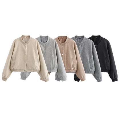 Autumn Crop Womens Bomber Jacket Soft Tweed Outerwear Black Grey Khaki Beige Darkgrey Long Sleeve O 1