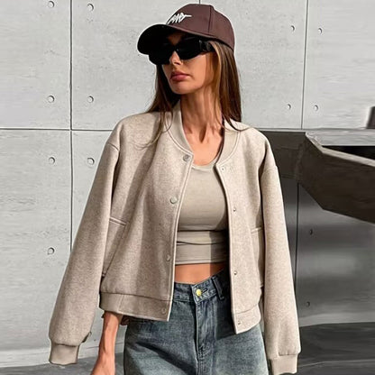 Autumn Crop Womens Bomber Jacket Soft Tweed Outerwear Black Grey Khaki Beige Darkgrey Long Sleeve O 2