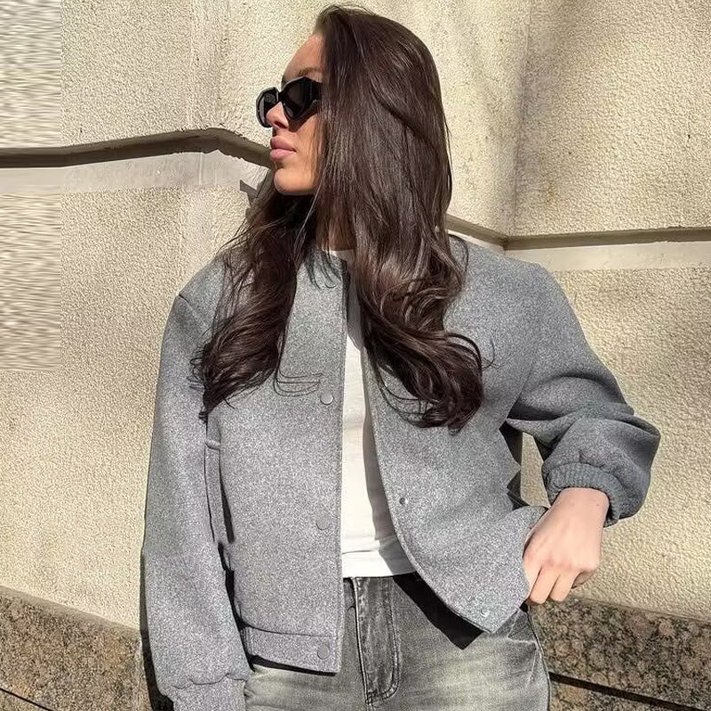 Autumn Crop Womens Bomber Jacket Soft Tweed Outerwear Black Grey Khaki Beige Darkgrey Long Sleeve O 3