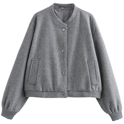 Autumn Crop Womens Bomber Jacket Soft Tweed Outerwear Black Grey Khaki Beige Darkgrey Long Sleeve O 6