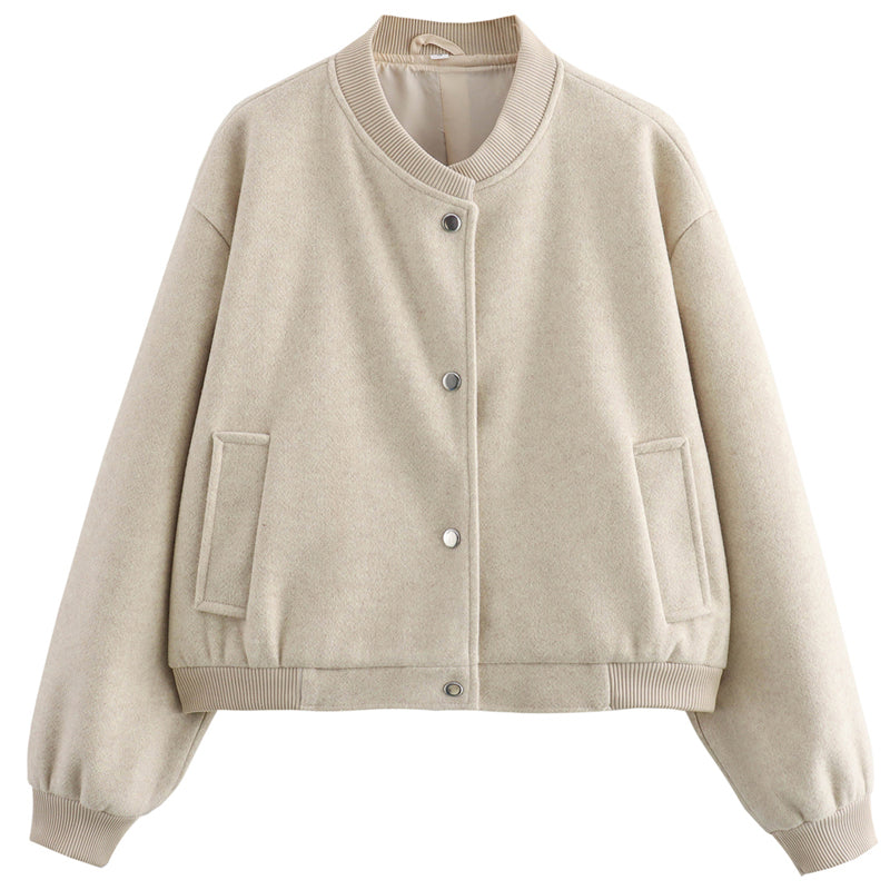 Autumn Crop Womens Bomber Jacket Soft Tweed Outerwear Black Grey Khaki Beige Darkgrey Long Sleeve O 7