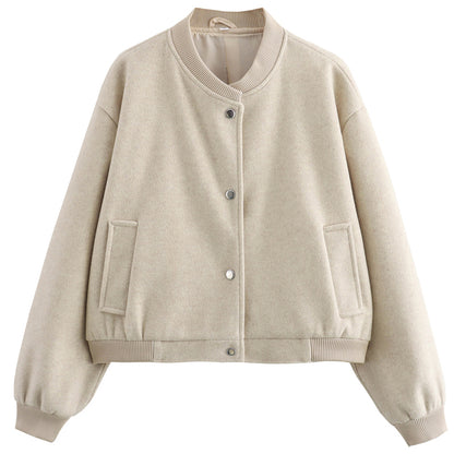 Autumn Crop Womens Bomber Jacket Soft Tweed Outerwear Black Grey Khaki Beige Darkgrey Long Sleeve O 7