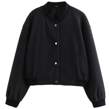Autumn Crop Womens Bomber Jacket Soft Tweed Outerwear Black Grey Khaki Beige Darkgrey Long Sleeve O 9
