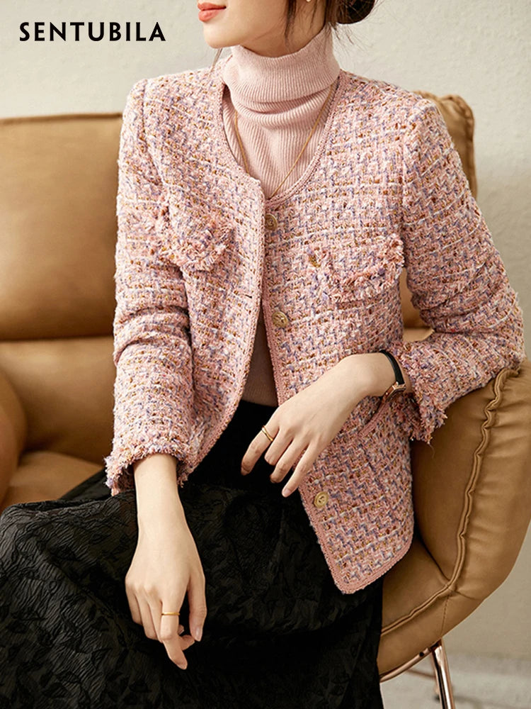 Textured Tweed Jacket For Women Single Breasted Round Neck Winter Coats Patch Pockets Elegant Chic Warm Fashionable