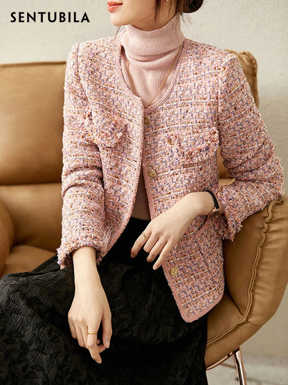 Textured Tweed Jacket For Women Single Breasted Round Neck Winter Coats Patch Pockets Elegant Chic Warm Fashionable