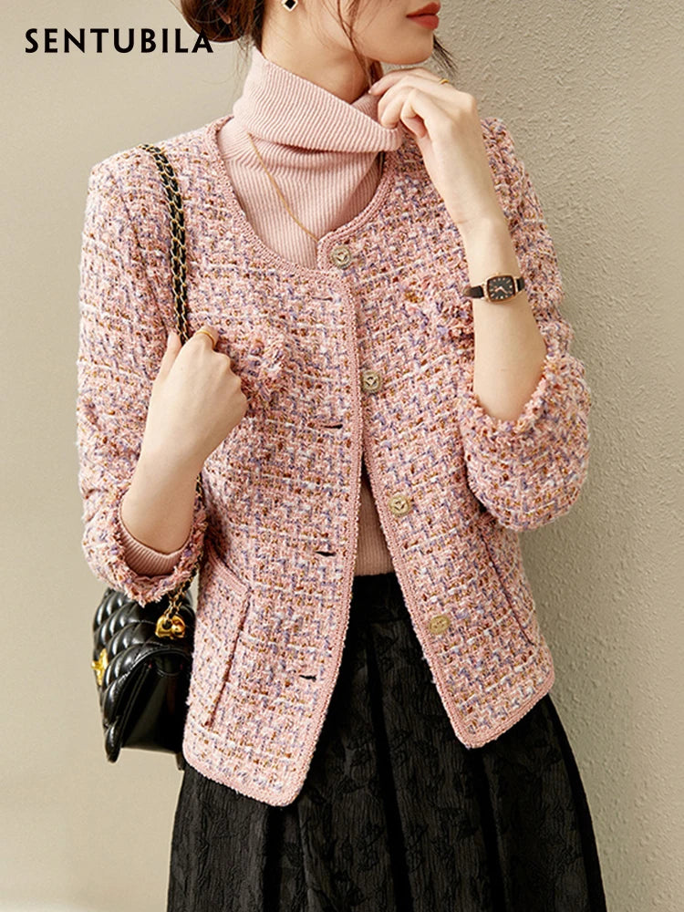 Textured Tweed Jacket For Women Single Breasted Round Neck Winter Coats Patch Pockets Elegant Chic  2