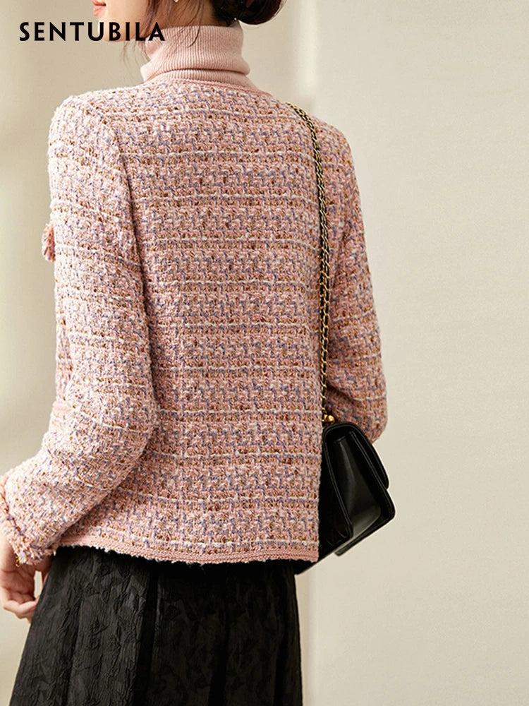 Textured Tweed Jacket For Women Single Breasted Round Neck Winter Coats Patch Pockets Elegant Chic  3