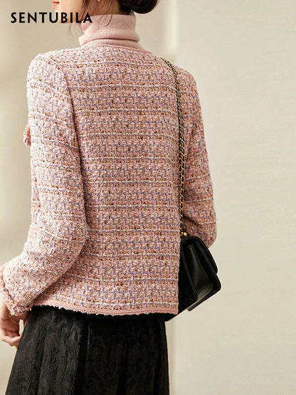 Textured Tweed Jacket For Women Single Breasted Round Neck Winter Coats Patch Pockets Elegant Chic  3
