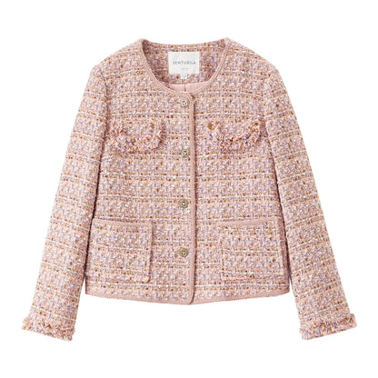 Textured Tweed Jacket For Women Single Breasted Round Neck Winter Coats Patch Pockets Elegant Chic  5