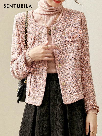 Textured Tweed Jacket For Women Single Breasted Round Neck Winter Coats Patch Pockets Elegant Chic  4
