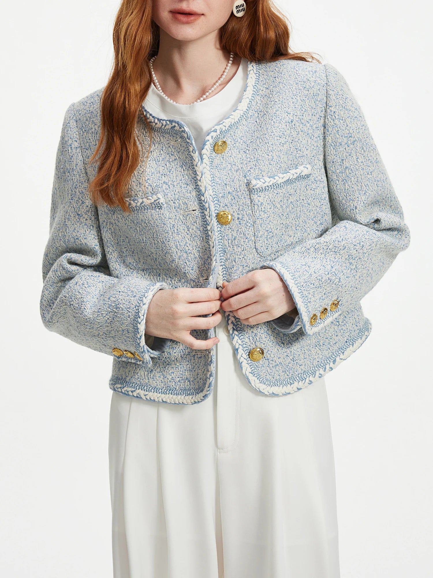 Autumn Office Lady Short Blue Wool Women Tweed Jackets Round Neck, Temperament Coat Female Tweed Coats for Smart Casual