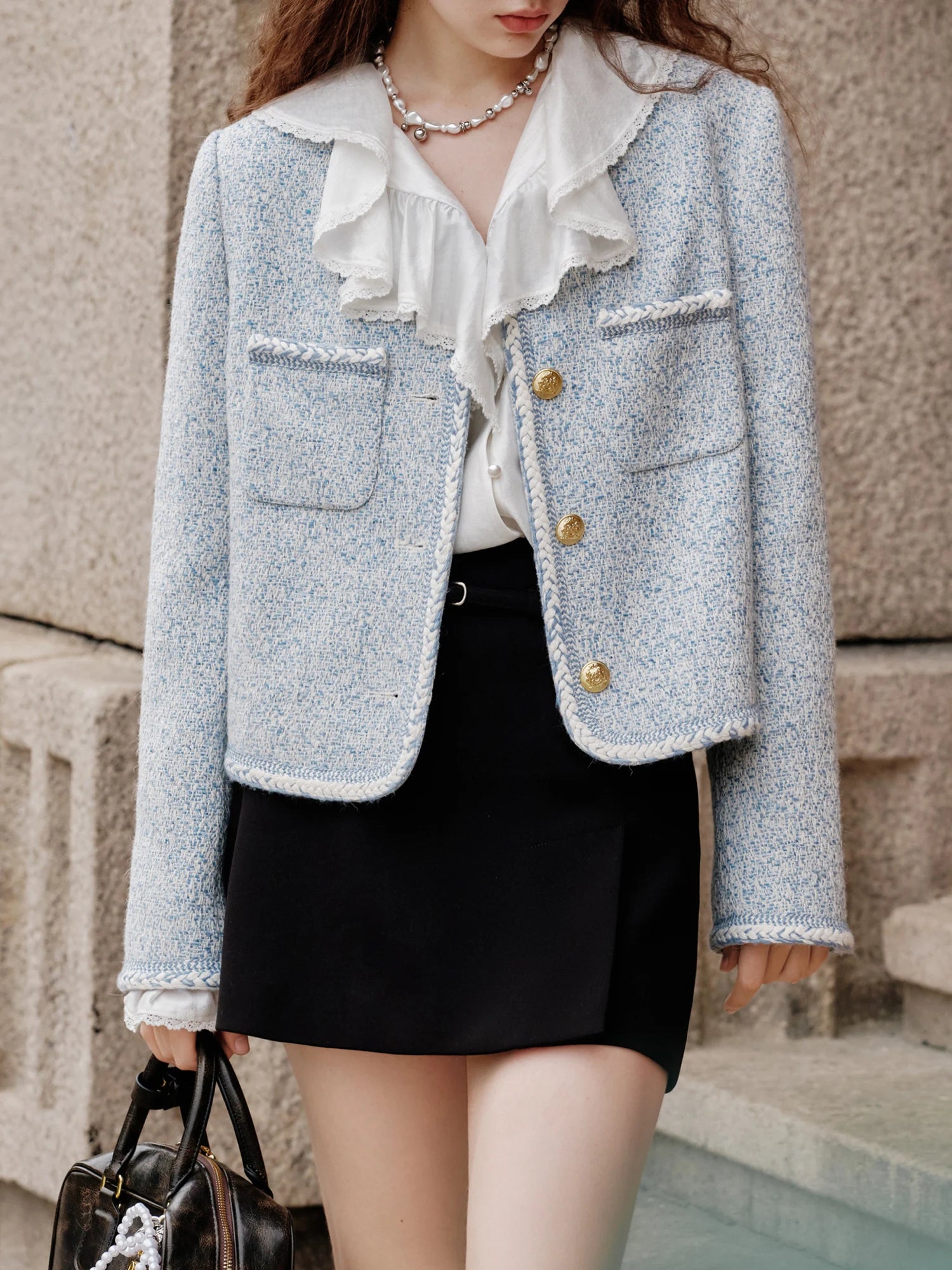 Autumn Office Lady Short Blue Wool Women Tweed Jackets Round Neck Temperament Coat Female Tweed Coa 1