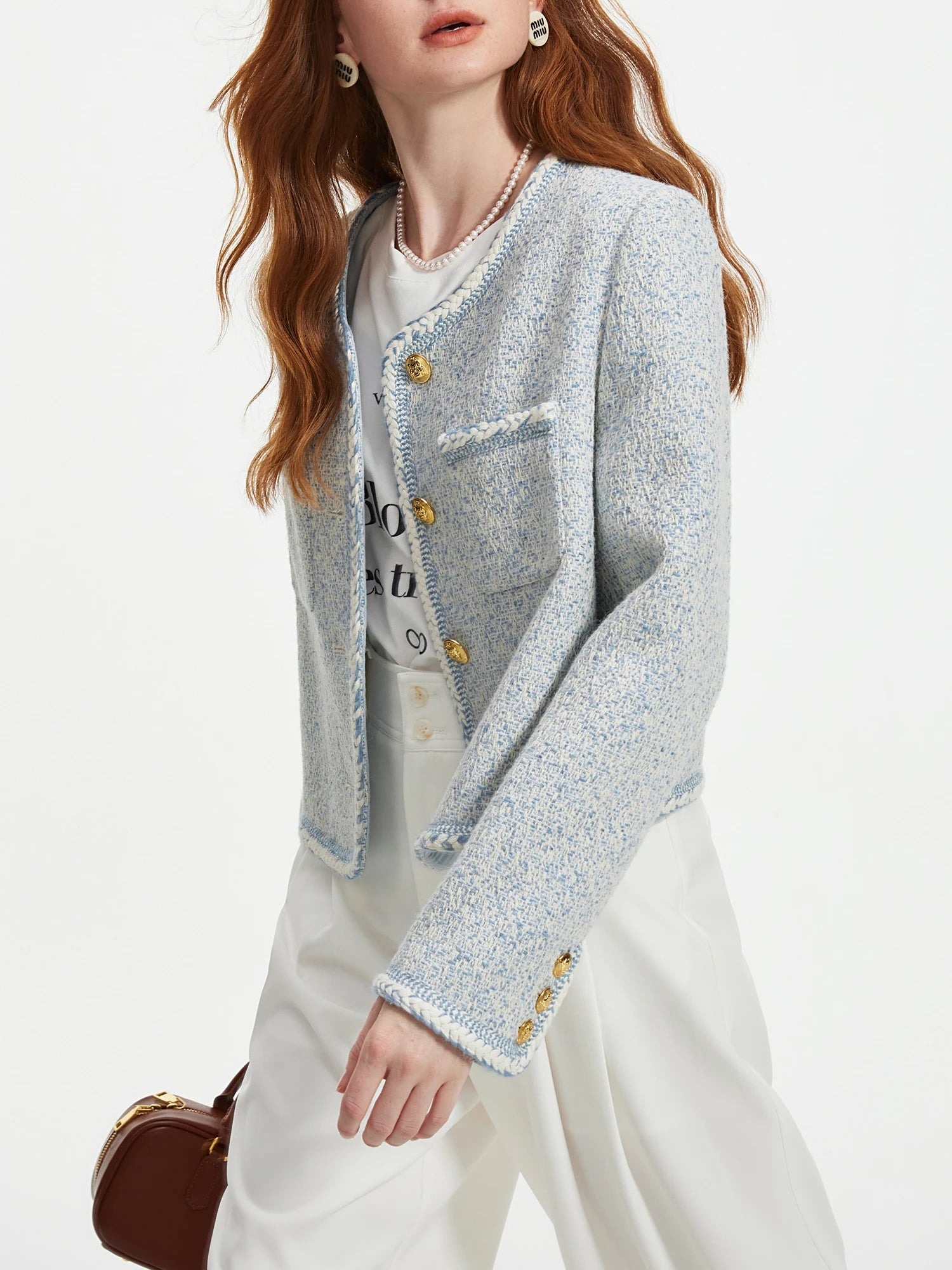 Autumn Office Lady Short Blue Wool Women Tweed Jackets Round Neck Temperament Coat Female Tweed Coa 2