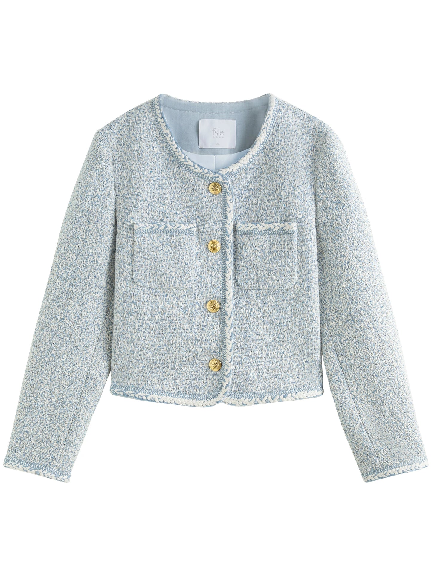 Autumn Office Lady Short Blue Wool Women Tweed Jackets Round Neck Temperament Coat Female Tweed Coa 4