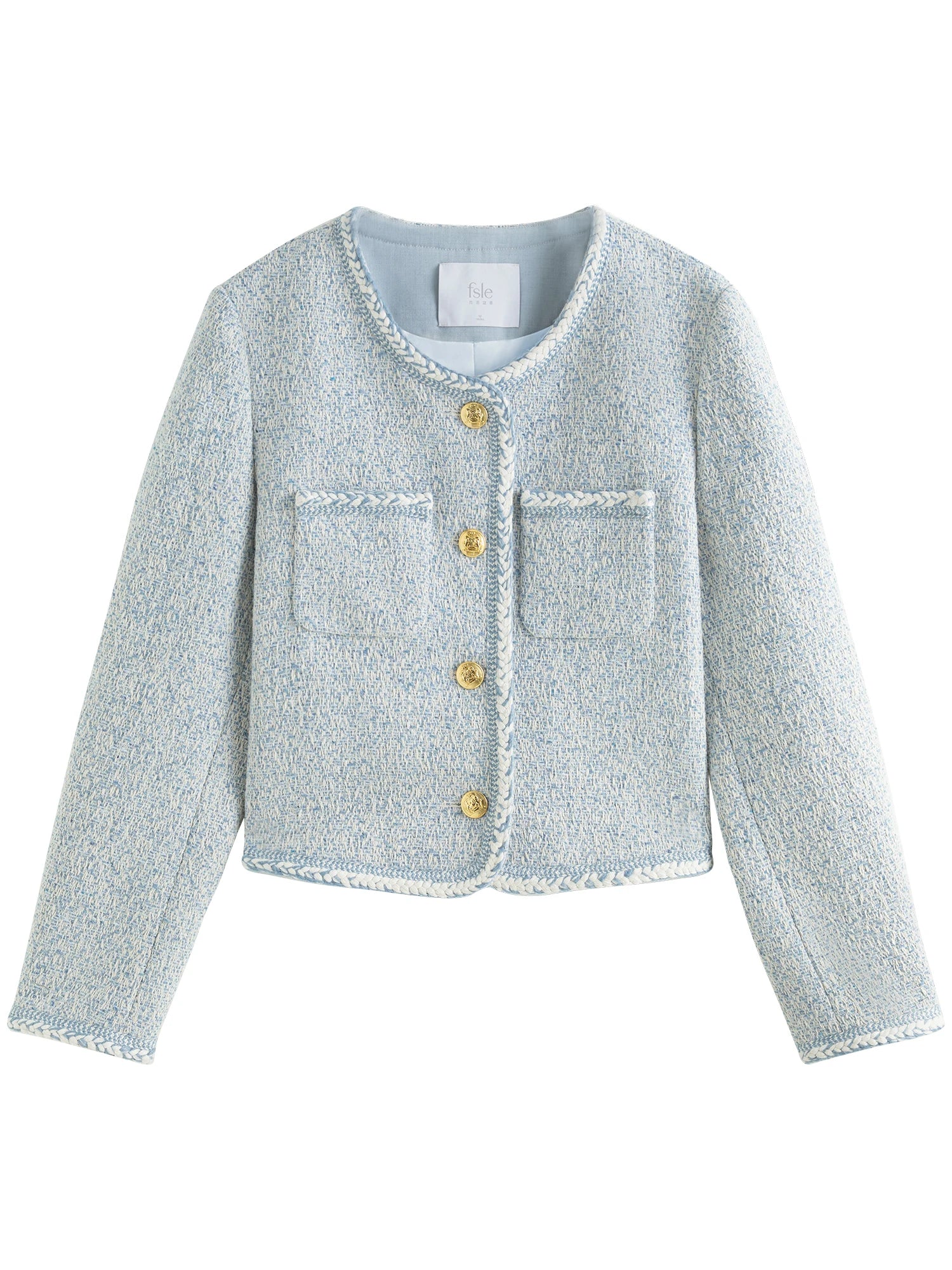 Autumn Office Lady Short Blue Wool Women Tweed Jackets Round Neck Temperament Coat Female Tweed Coa 4