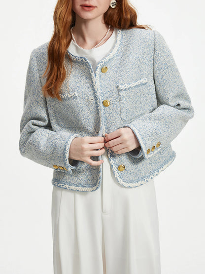 Autumn Office Lady Short Blue Wool Women Tweed Jackets Round Neck Temperament Coat Female Tweed Coa 5