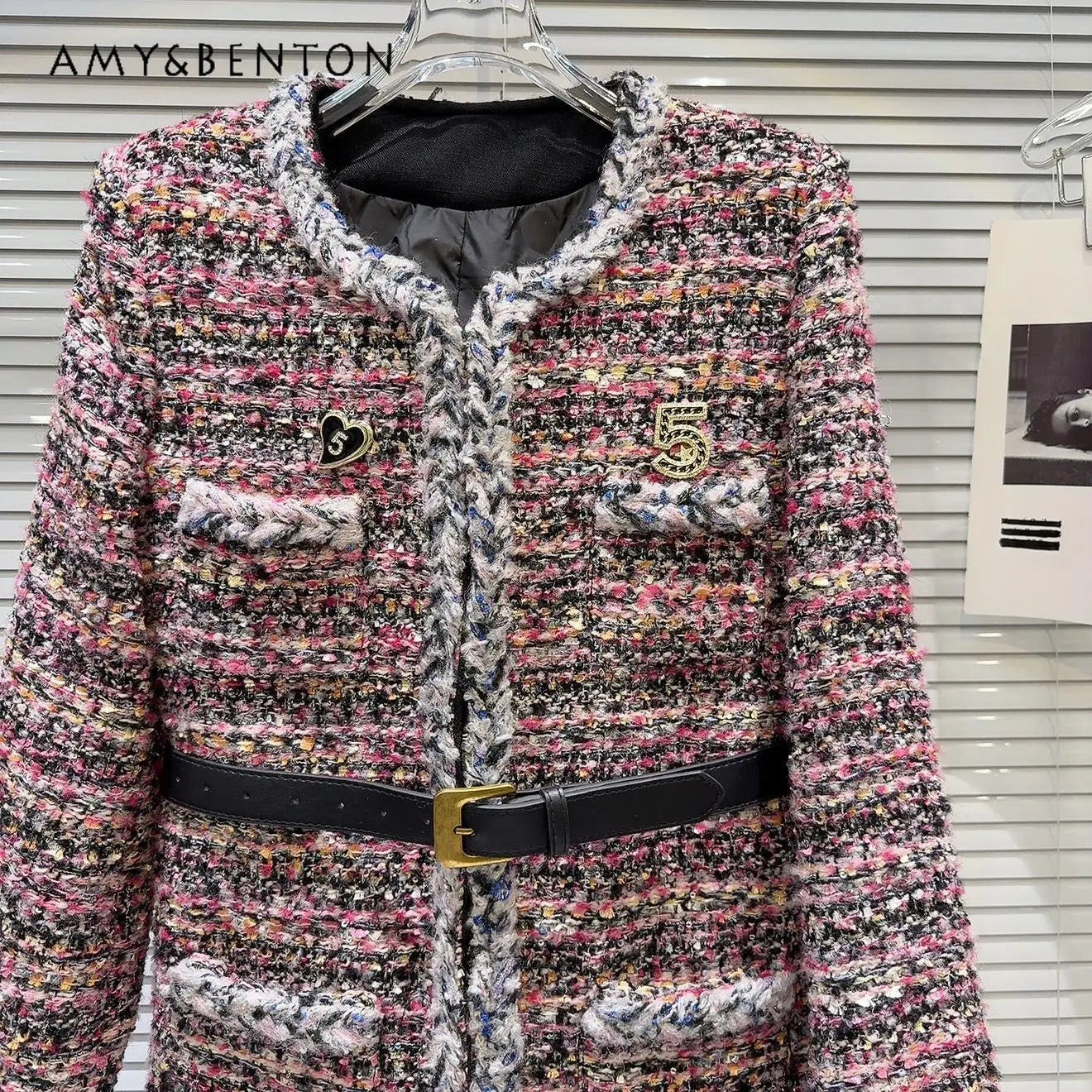 French Temperament Tweed Down Inner Jacket Women Winter New Patchwork Midlength Slim Belt Commuter Thickened Coat