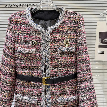 French Temperament Tweed Down Inner Jacket Women Winter New Patchwork Midlength Slim Belt Commuter Thickened Coat